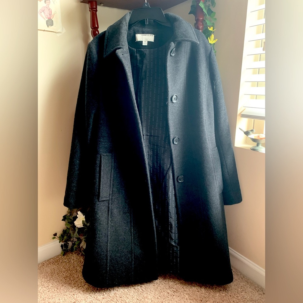 m/l/xl - anne klein - charcoal grey/black wool long coat